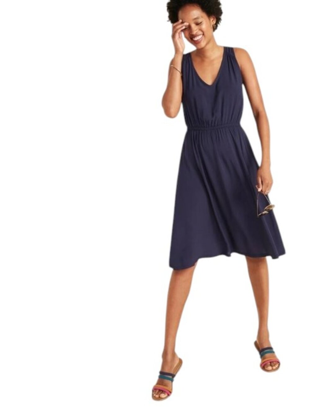 Old Navy Women's Black Waist Defined V-Neck Sleeveless Lightweight Rayon Dress